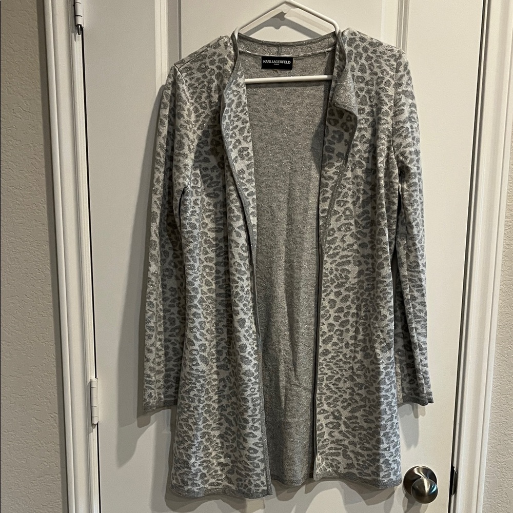 Karl Lagerfeld Gray Leopard Print Cardigan